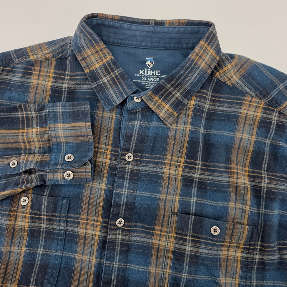 Kuhl Mens XL Blue Tan‎ Plaid Long Sleeve Button Up Flannel Shirt  Outdoor Rugged